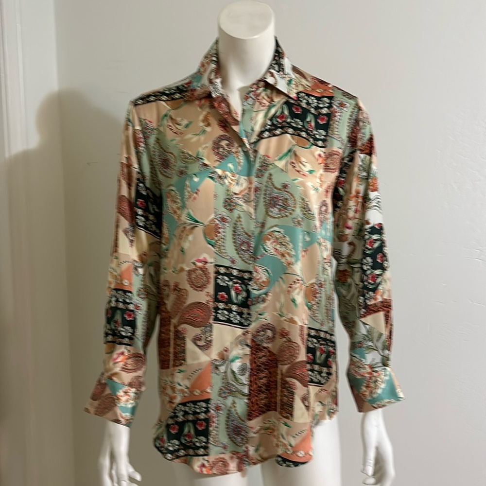 Satin Print Button Down Blouse - image 1